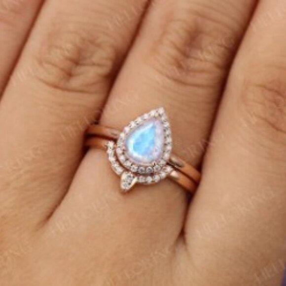 Custom Jewelry - 14K Yellow Gold Triple Moonstone Alexandrite CZ Ring Set Sz 9